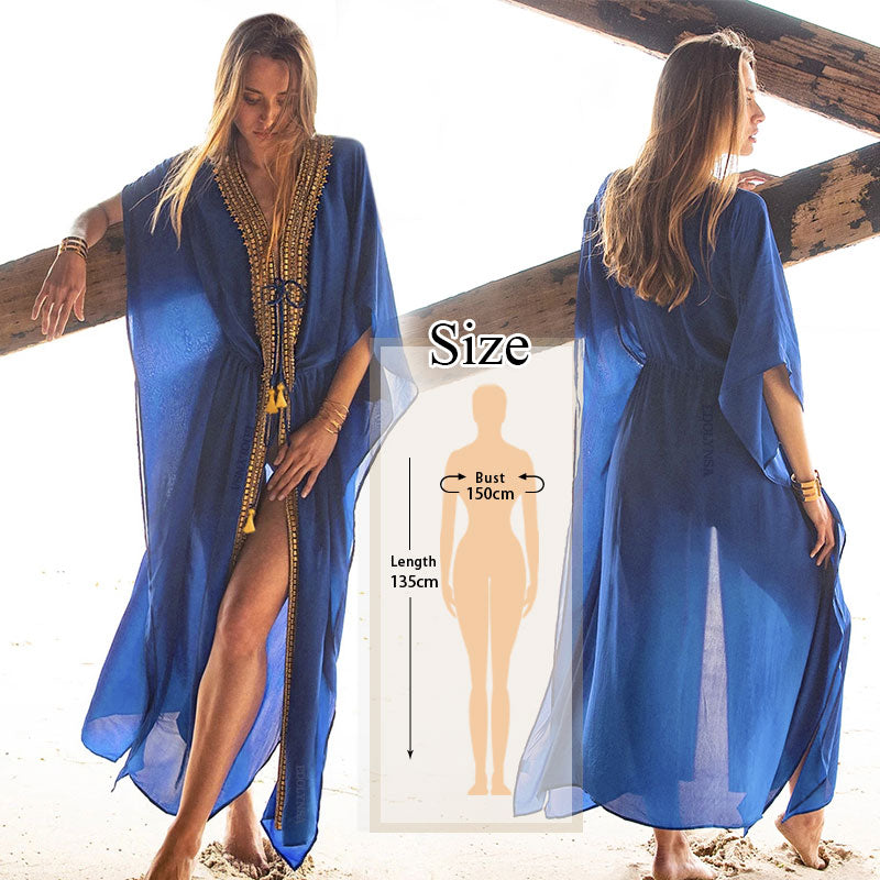 JazzHer 2024 Blue Bohemian Embroidered Batwing Sleeve Side Split Summer Beach Dress Chiffon Tunic Women Plus Size Beachwear Kaftan Q746