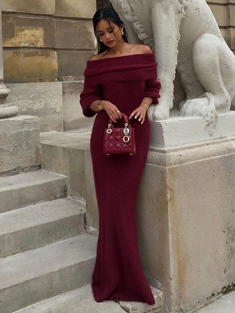 JazzHer Off Shoulder Long Sleeve Knitted Maxi Dress Women Solid Fashion Backless Bodycon Vestidos 2024 New Lady Party Streetwear