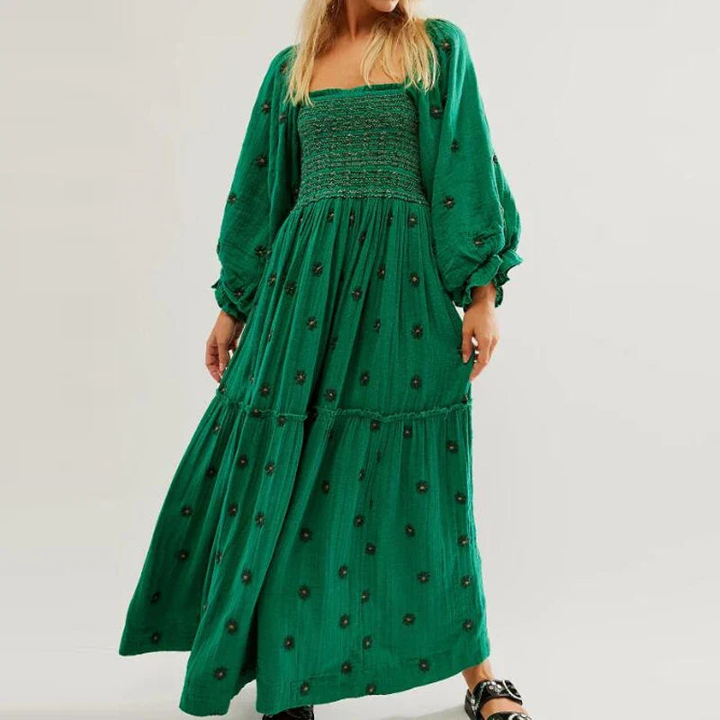 JazzHer Bohemian Floral Dress Women Square Neck Ruffle Swing A Line Maxi Dress Long Sleeve Beach Style Holiday Lady Club Party Dress