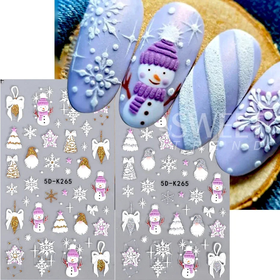 JazzHer Christmas Nail Sticker 5D Gold Glitter Snowflake Elk Penguin Bells Design Adhesive Nail Slider Decals Winter Manicure Decoration