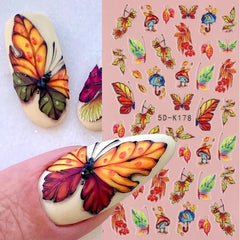 JazzHer 5D Embossed Butterflies Shape Fall Leaves Nail Stickers Self-adhesive Decals Mushroom Maple Pumpkin Engraved Slider Autumn Decor