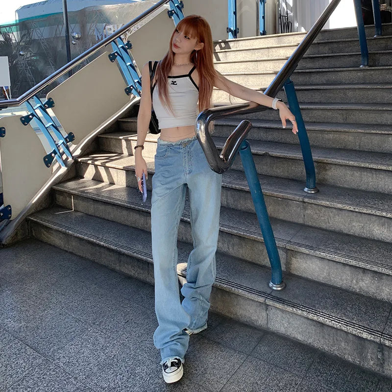 JazzHer Denim Jeans Straight Vintage High Waist Streetwear Buttoned Jeans Slight Blue Long Pants Y2k Work Summer Blue Jeans Capris