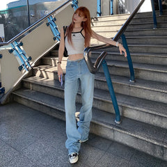 JazzHer Denim Jeans Straight Vintage High Waist Streetwear Buttoned Jeans Slight Blue Long Pants Y2k Work Summer Blue Jeans Capris