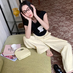 JazzHer Jeans Ankle Length Straight Loose Fit Women Cargo Pants Vintage Solid Pockets Denim Spliced Washed 2024 Summer High Street