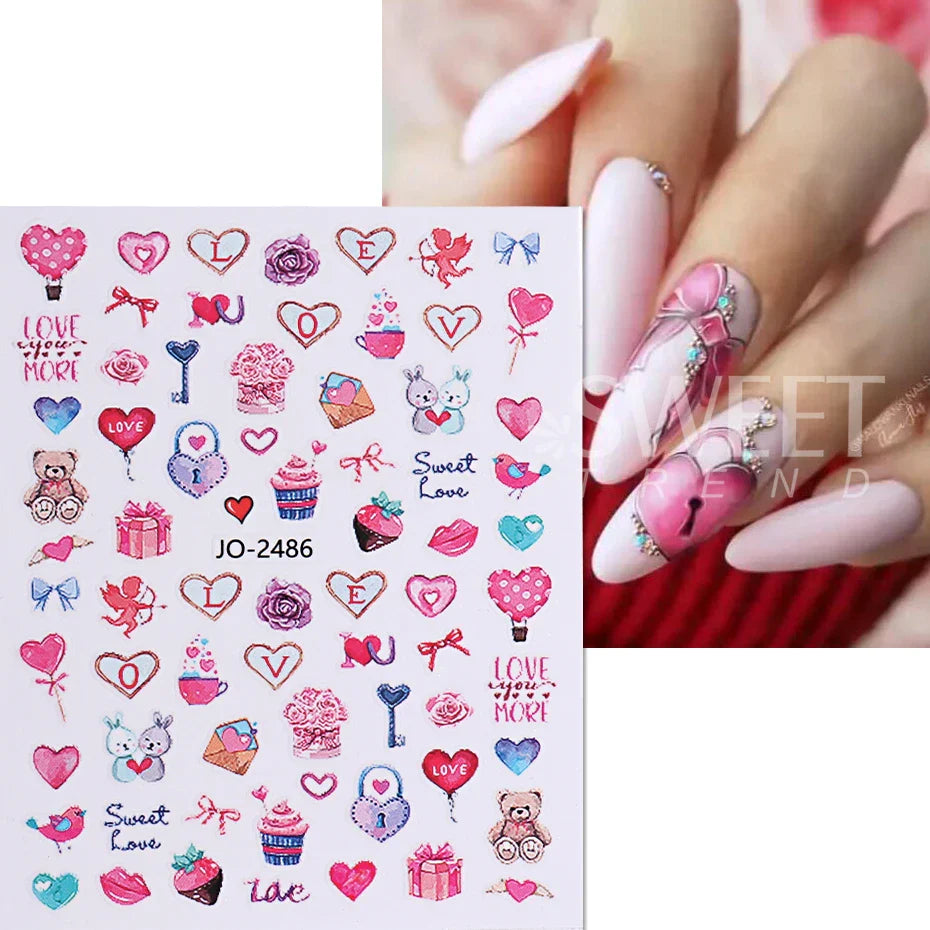 JazzHer Valentines Day Nail Art Sticker Sexy Girl Lips Bear Letter Design Slider 3D Red Love Heart Rose Stickers For Nails Decoration