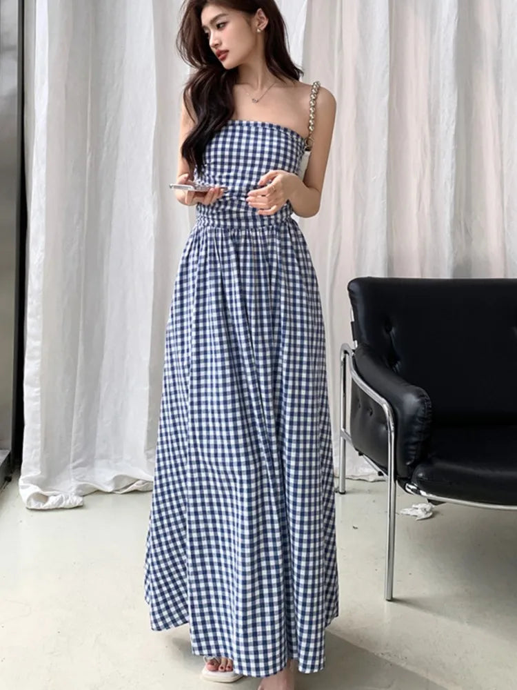 JazzHer Casual Strapless Midi Dresses for Women Striped Sleeveless A-line Korean Chic Summer New 2024 Party Dress Vestidos Mujer