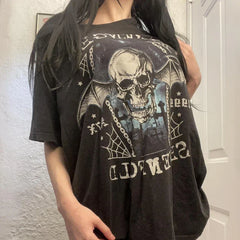 JazzHer Punk Harajuku Grunge Short Sleeve Loose Tees E-girl Gothic Skulls Graphic Print T-shirt Y2K Aesthetic Vintage Pullovers Tops