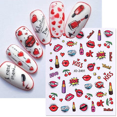 JazzHer Valentines Day Nail Art Sticker Sexy Girl Lips Bear Letter Design Slider 3D Red Love Heart Rose Stickers For Nails Decoration