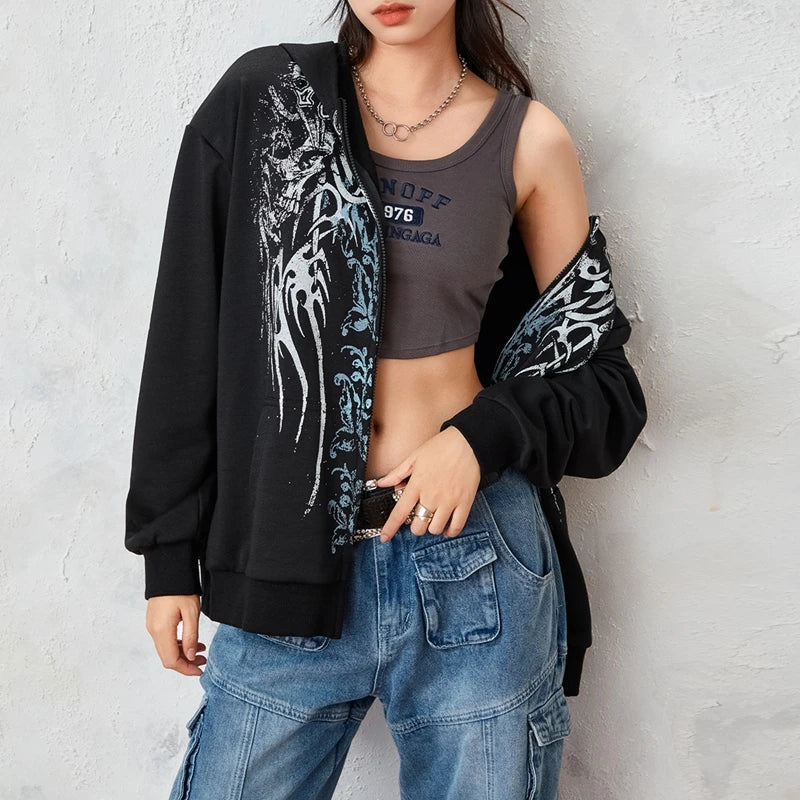 JazzHer 2024 Fall Fashion Graphic Print Zip Up Hoodie 00s Retro Cyber Y2K Sweatshirt Wings Grunge Emo Goth Jacket Coat Women Men Aesthetic Streetwear