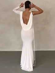 JazzHer Elegant Backless Sexy Maxi Dress For Women Robe 2024 Spring New V Neck One Sleeve Lace-up Party Long Dress Vestido