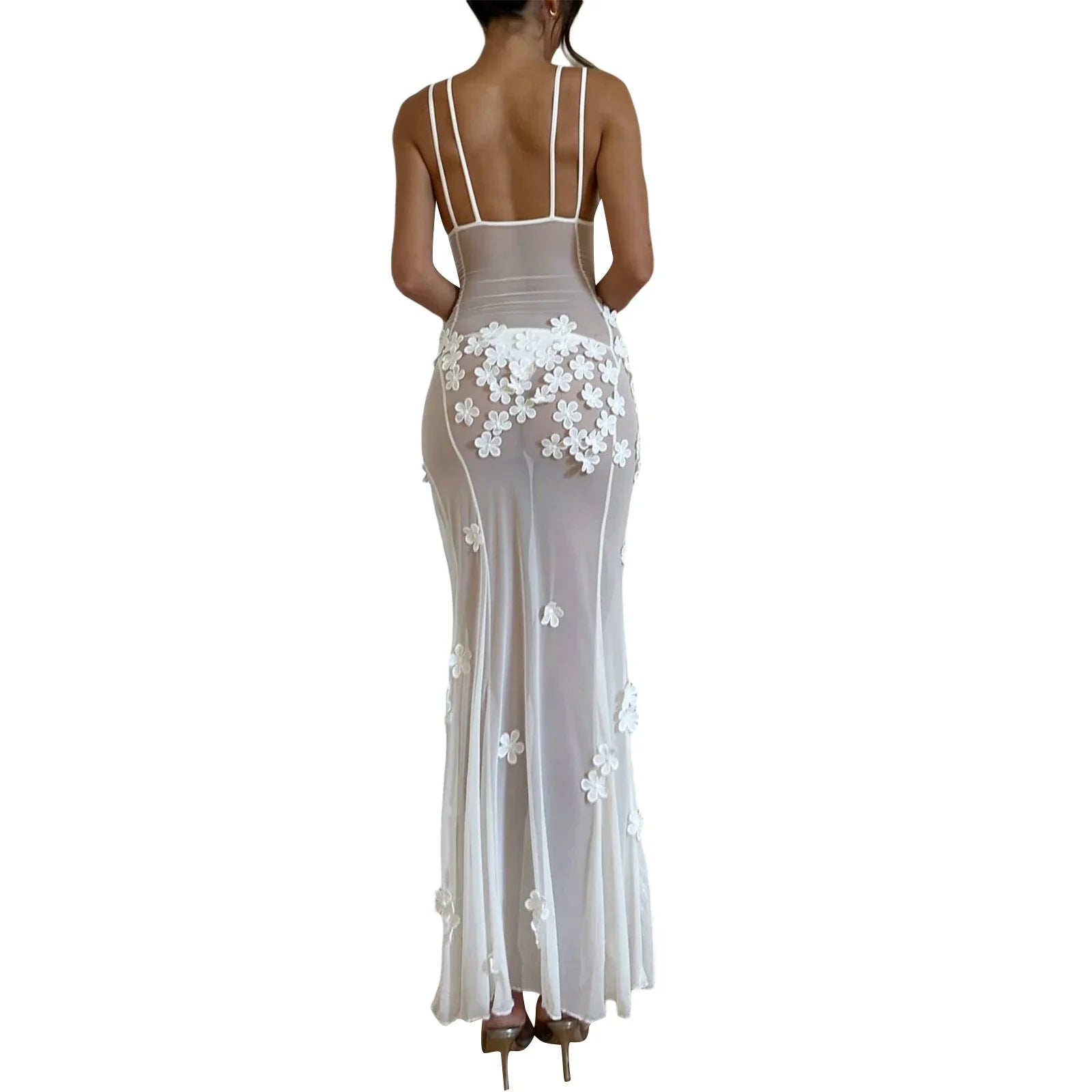 JazzHer Summer Sexy Backless Dress Women Fashion 3D Flower See Through Beach Sundresses Casual Slim Sleeveless Party Dresses