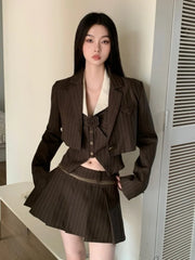 JazzHer-Vintage Preppy Style Skirt Set 3 Piece Sets For Women Long Sleeve Short Coat Mounted-Neck Vest Pleated Mini Skirt Fashion Suit