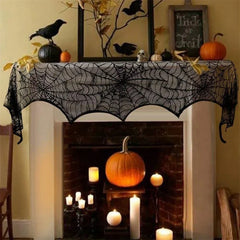 JazzHer Halloween Bat Table Runner Black Spider Web Lace Tablecloth Fireplace Curtain for Halloween Party Home Decoration Horror Props