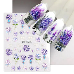 JazzHer Spring Purple Hydrangea Flowers Nail Embossed Stickers Lavender Leaves Design Adhesive Sliders Decoration Manicure Foils LYSW-5D