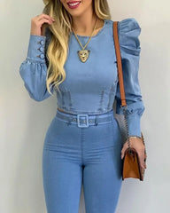 JazzHer Denim Blue Women blouse Round Neck Puff Sleeve Corset Top Long Sleeve Shirt Sexy Tops Blouses Denim Top Shirt Sweetheart Slim