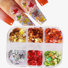 JazzHer 6 Grids 3D Maple Leaves Nail Art Sequin Holographic Gold Red Leaf Paillettes Part Flake Slice Fall Glitter Manicure Decoration