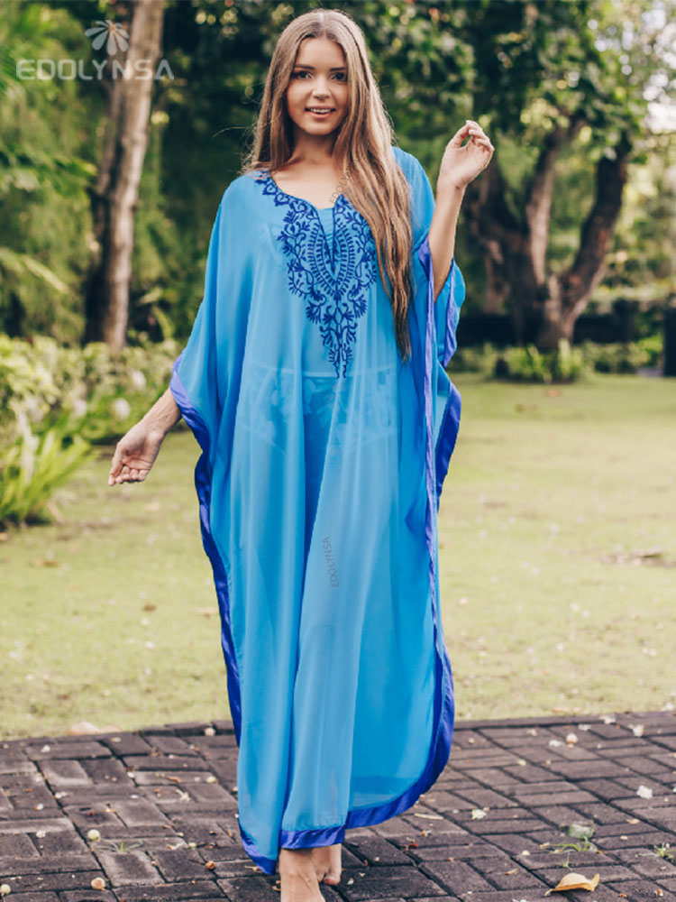 JazzHer 2024 Blue Bohemian Embroidered Batwing Sleeve Side Split Summer Beach Dress Chiffon Tunic Women Plus Size Beachwear Kaftan Q746