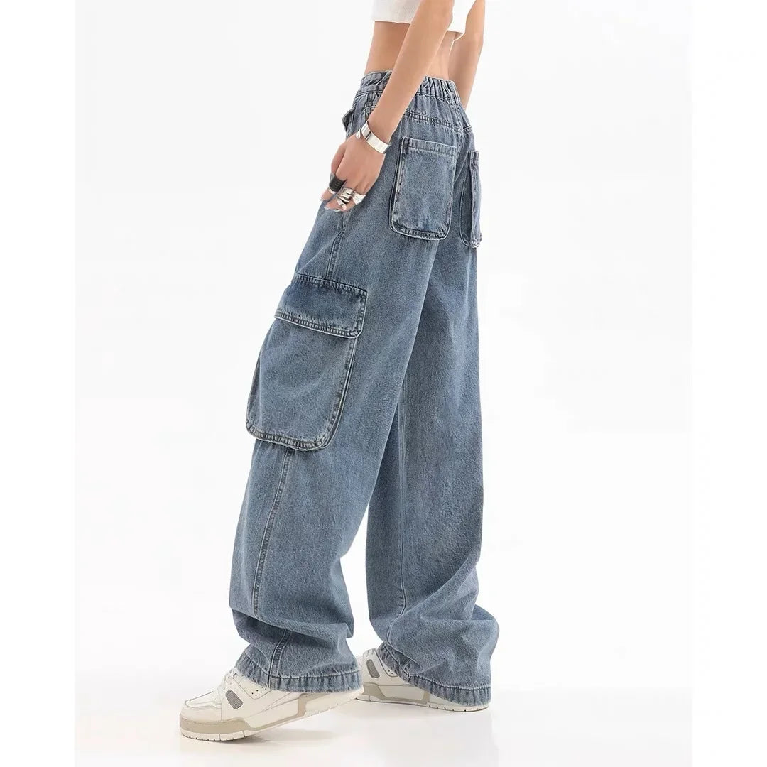 JazzHer Vintage Women Solid High Waist Wide Leg Pants Jeans Spliced Cargo Denim Washed Pants Ankle Length Jean Pockets Safari Style