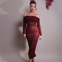 JazzHer Mesh Pleated Strapless Backless Evening Party Dress Women Robes Elegant Sexy Dress Bodycon Long Autumn Dress Vestidos