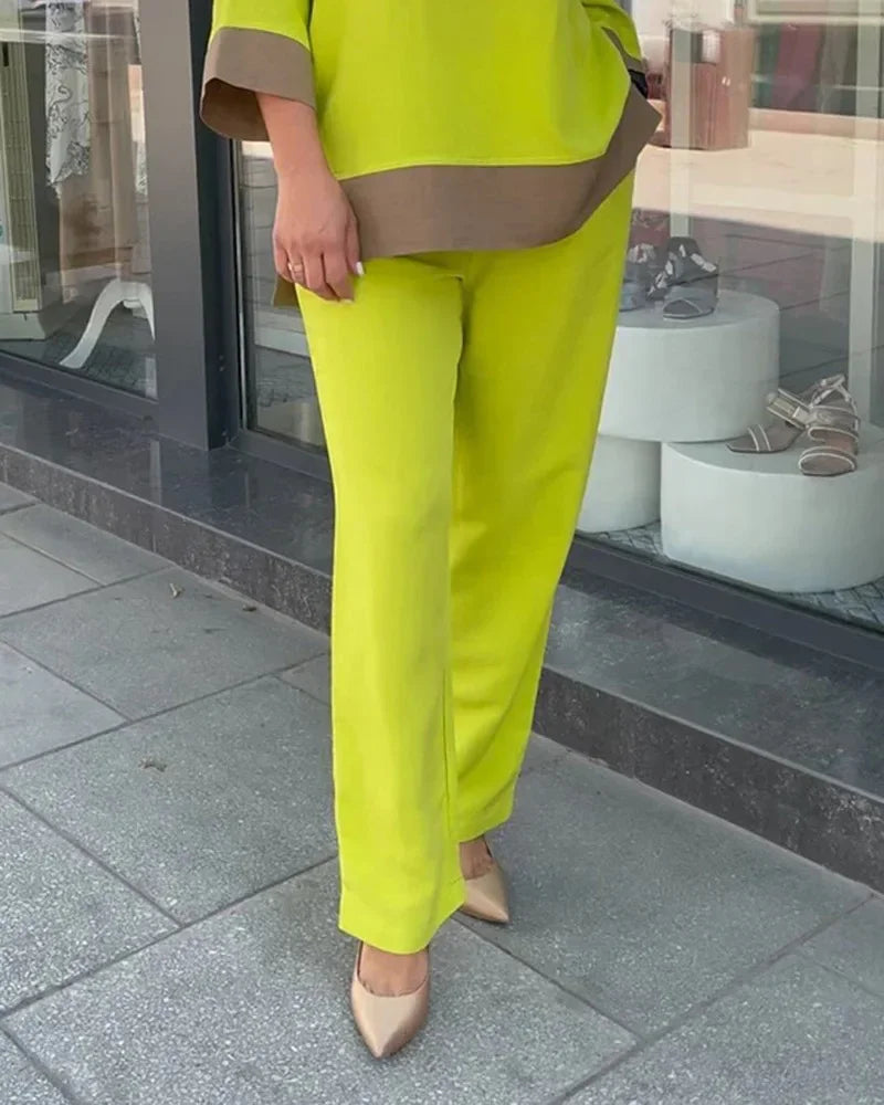 JazzHer Two Set Women Top Pants Sets Solid Color Women Suit Wide Leg Round Neck Straight Elastic Waist Lady T Shirt Trousers Elegant