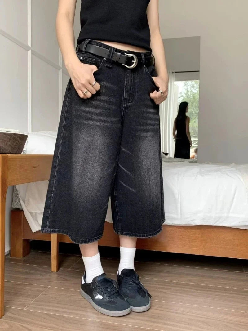 JazzHer 2024 Y2k Retro Women Low Rise Jorts Brushed Black Wash Cropped Baggy Jeans Wide Leg Frayed Denim Short Pants Acubi Fashion