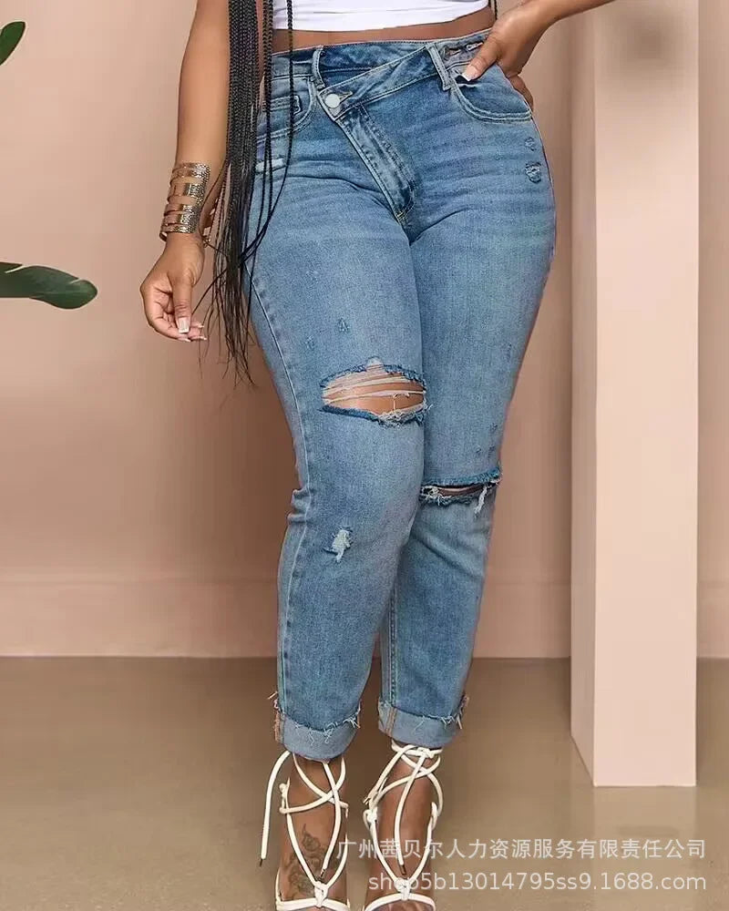 JazzHer 2024 Casual Women Wear Personality Multi Pocket High Waisted Trousers Ripped Diagonal Buckle Stretch Vintage Jeans Female