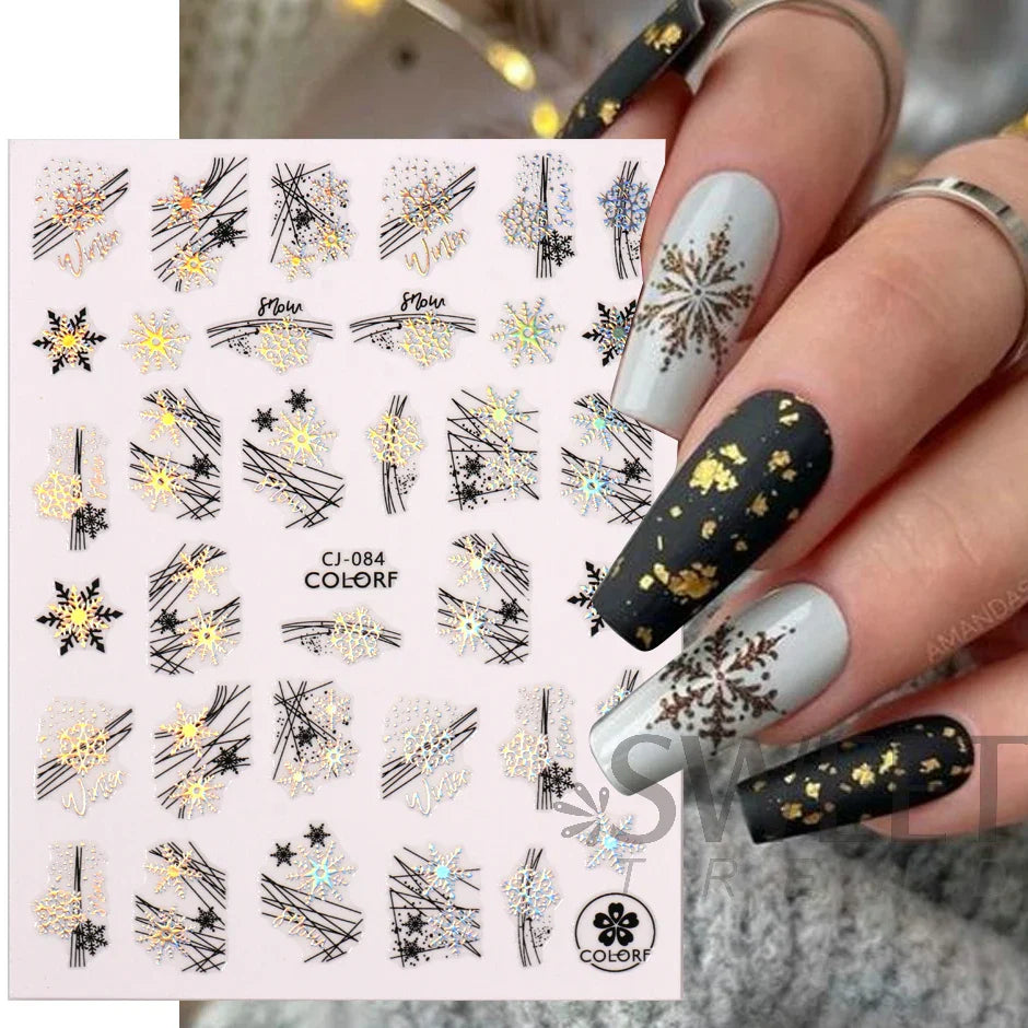 JazzHer Laser Silver Lace Clock Nails Design Stickers 2024 New Year Countdown Ballet Adhesive Decals Snowflakes Decoration Wraps LYCJ082