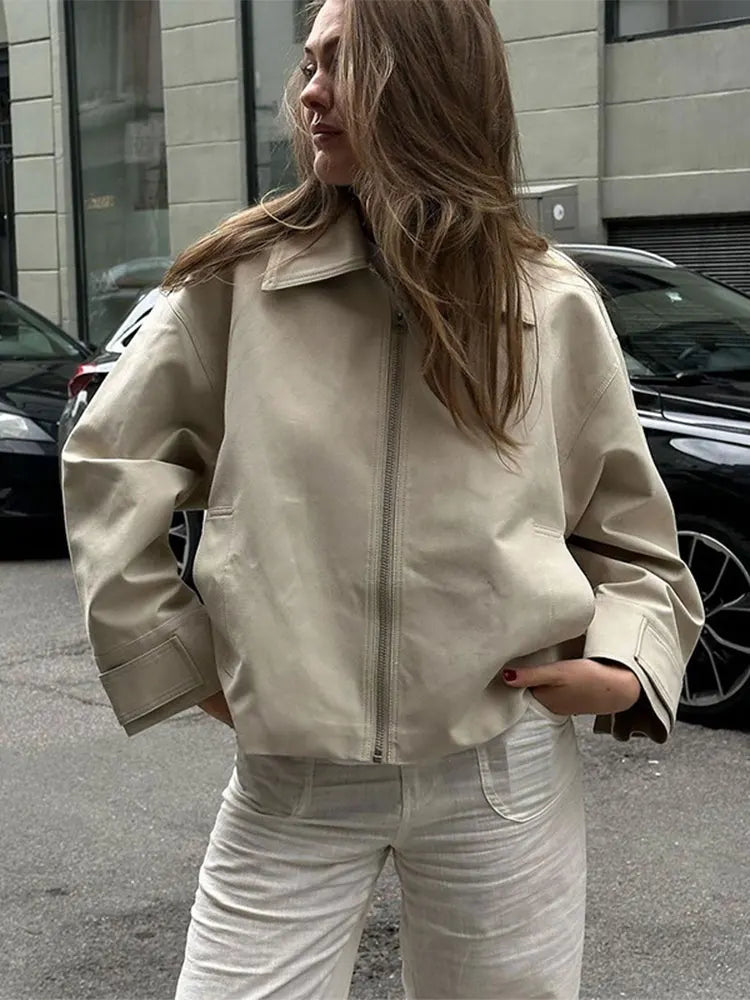 JazzHer Autumn New Leather Laple Zipper Jacket Women Casual Long Sleeve Pocket Warm Loose Solid Coats 2024 Lady High Street Jackets