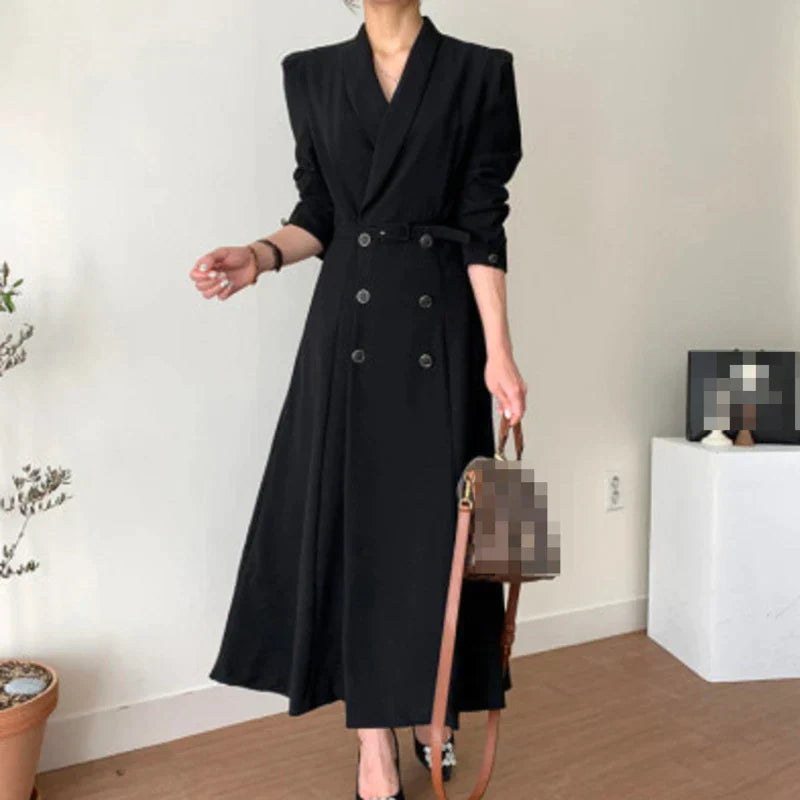 JazzHer-Women's Spring Autumn Casual A-Line Midi White Shirt Dress Long Sleeve Elegant Slim Waist Vestidos Female Fashion Black Clothes