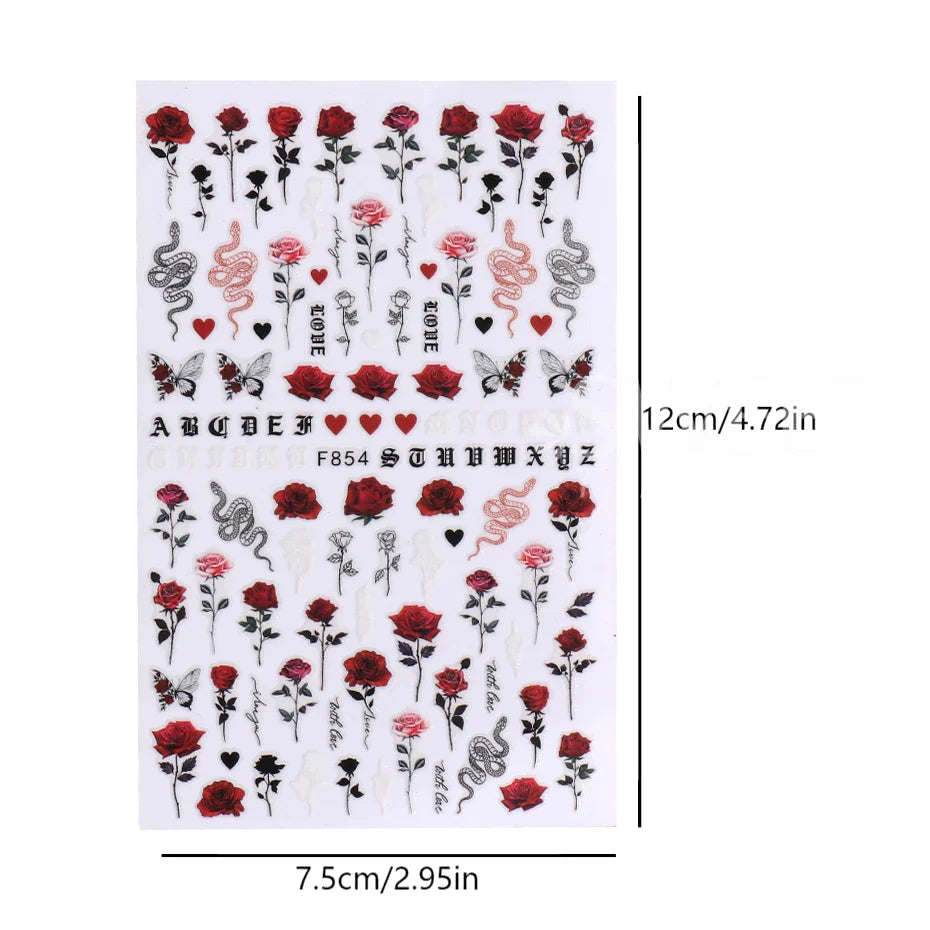 JazzHer 3D Rose Design Nail Art Stickers Sliders For Nails Design Butterfly Flowers Snake Self Adhesive Decals Manicure Wrap Decorations