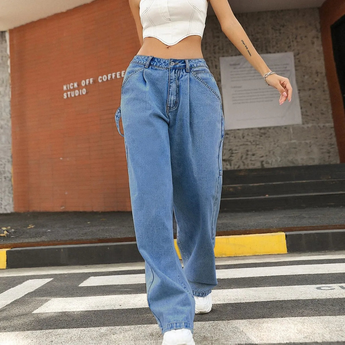 JazzHer Women Jeans Wide Leg Pants High Waist Streetwear Pockets Button Loose Fit Basics Trousers 2024 Autumn Female Casual Denims