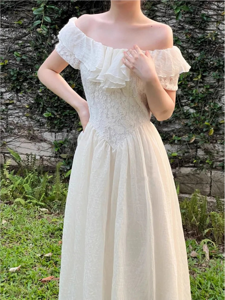 JazzHer New Summer Elegant Off Shoulder Midi Dress Women Lace Patchwork Ruffles A-line French Vintage Prom Robe Casual Vestidos 2024