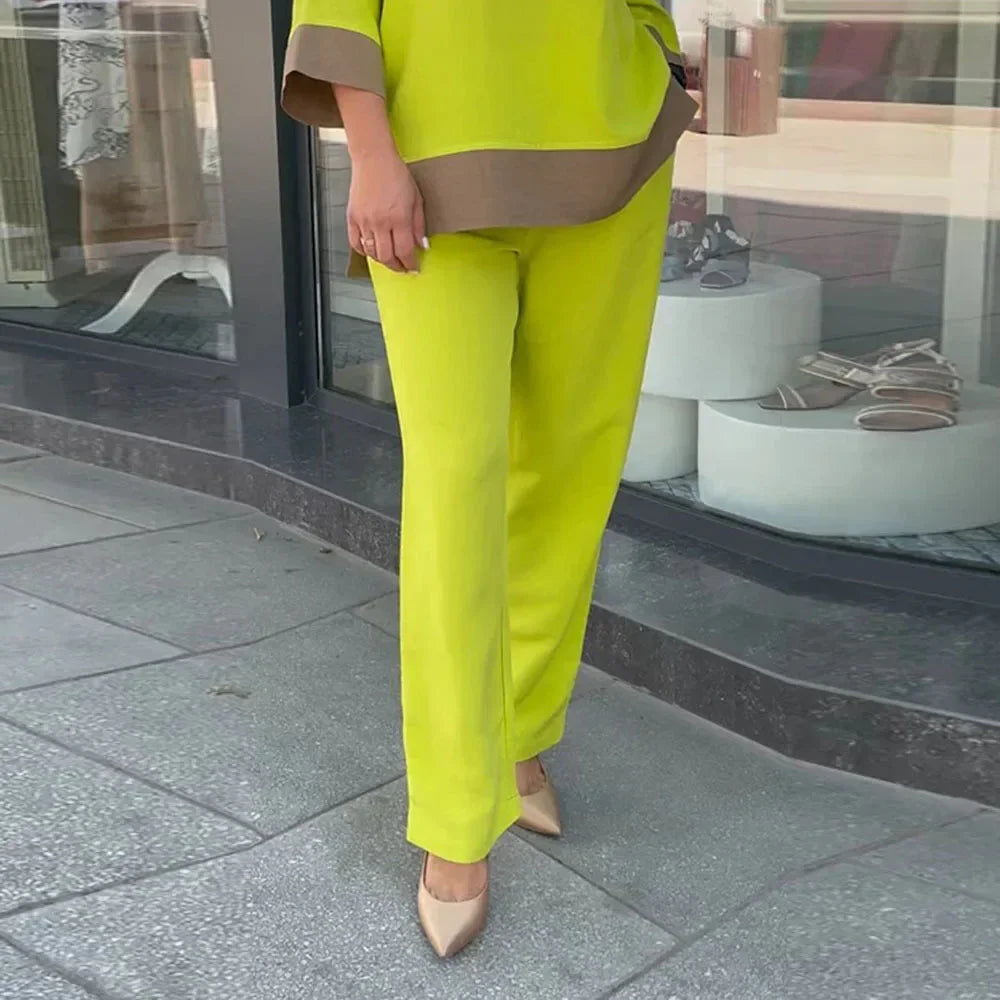 JazzHer Two Set Women Top Pants Sets Solid Color Women Suit Wide Leg Round Neck Straight Elastic Waist Lady T Shirt Trousers Elegant