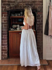 JazzHer White Pleatd Sexy Two Piece Set 2025 Backless Casual Holiday Top Split Long Skirt Women Set Elegant 2 Piece Set Women