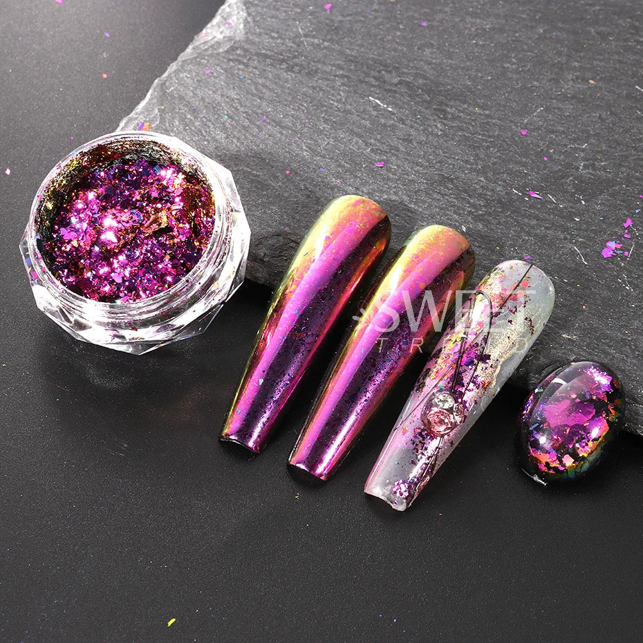 JazzHer 0.1g Chameleon Mirror Chrome Nails Glitter Irregular Fire Aluminum Foils Sequins Summer DIY Iridescent Paillette Manicure Slices