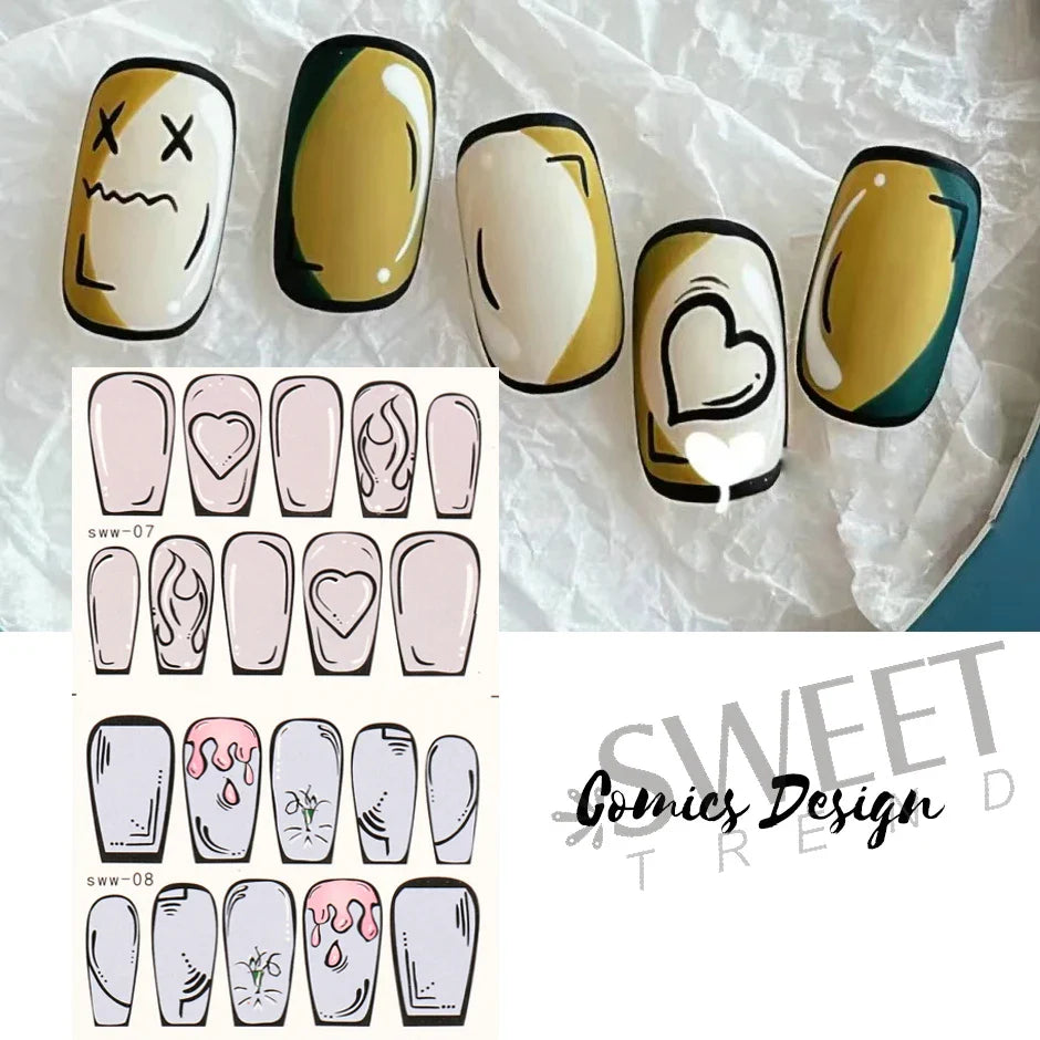 JazzHer 12pcs Comic Element Nail Art Sliders Simple Line 2D Space Creative Cartoon Design Transfer Stickers Popular Manicure Wraps LYSWW