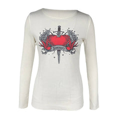 JazzHer Mall Goth Y2K Aesthetics Grunge Tees Retro Heart Sword Print T Shirt Women Long Sleeve Slim Fit Sweats Tops 90s Vintage Clothes