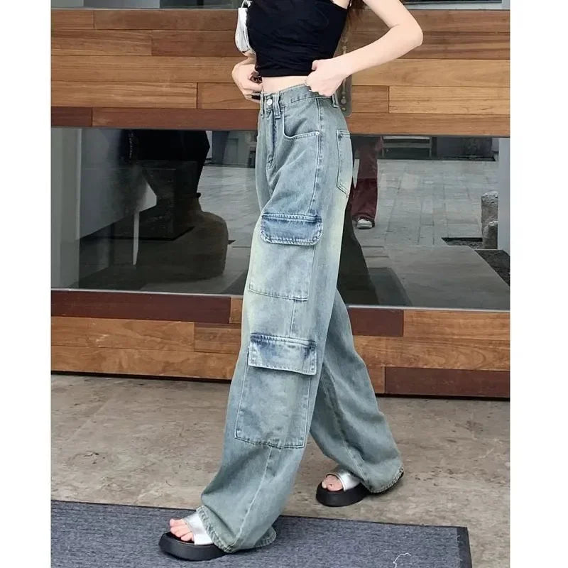 JazzHer Women Vintage Jeans Wide Leg Pants High Waist Pockets Button Zipper Fly Basics Full Length Streetwear Denim Straight Trousers