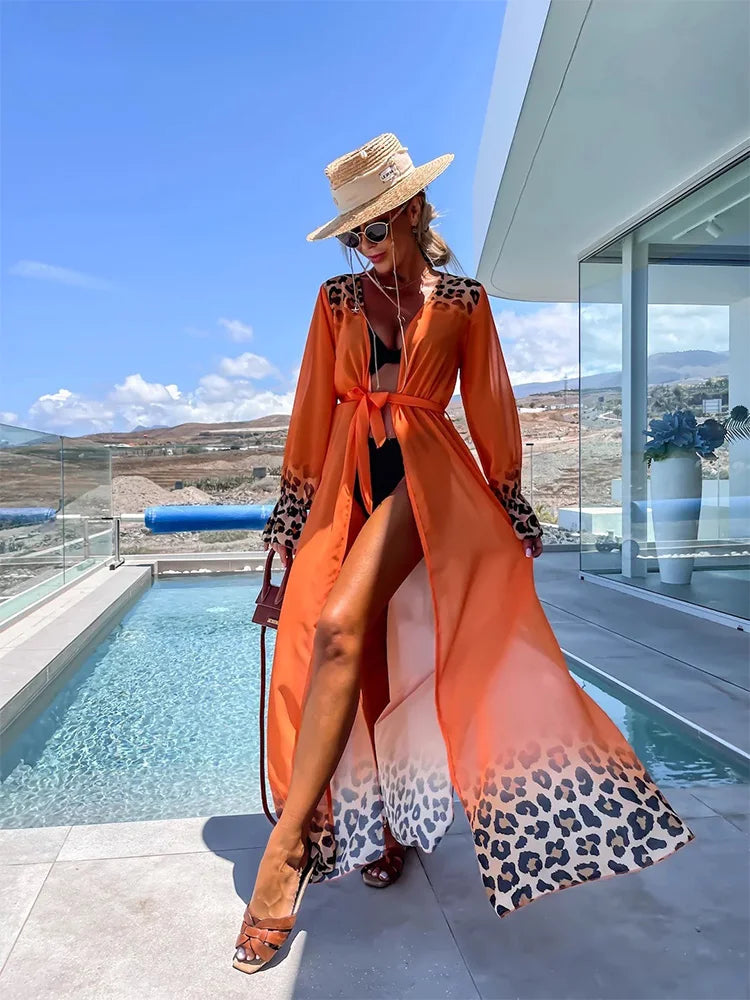 JazzHer Leopard Print Beach Cover-ups Plus Size Chiffon Long Sleeve Maxi Dress Open Front Kimono Cardigan Lightweight Tunic Outfit A2705