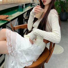 JazzHer 2024 Spring New Streetwear Lace Splicing Asymmetric Cake Skirt Women + V-neck Casual Knitted Long-sleeved T-shirt Two-piece Suit