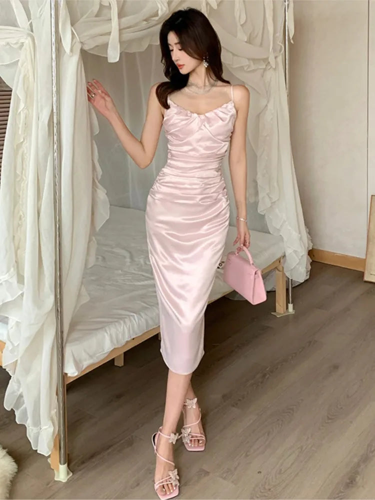 JazzHer Sexy Bodycon Pink Satin Midi Dress Women New Summer Spaghetti Strap Slim Backless High Split Evening Party Dresses Prom Vestido