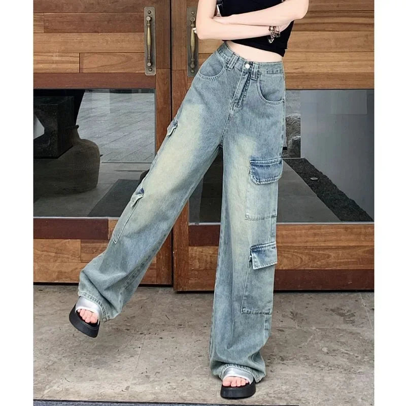 JazzHer Women Vintage Jeans Wide Leg Pants High Waist Pockets Button Zipper Fly Basics Full Length Streetwear Denim Straight Trousers