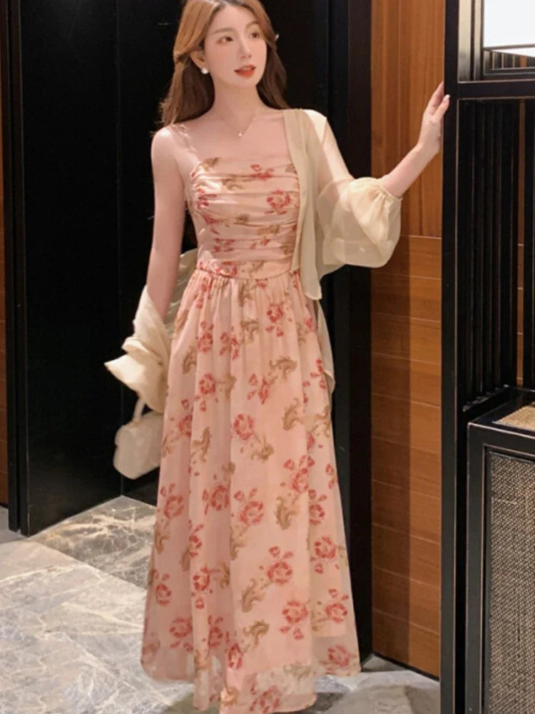 JazzHer Summer New Floral Printed Midi Dresses for Women Spaghetti Strap A-line Sweet Casual Korean Fashion One Piece Vestidos Mujer