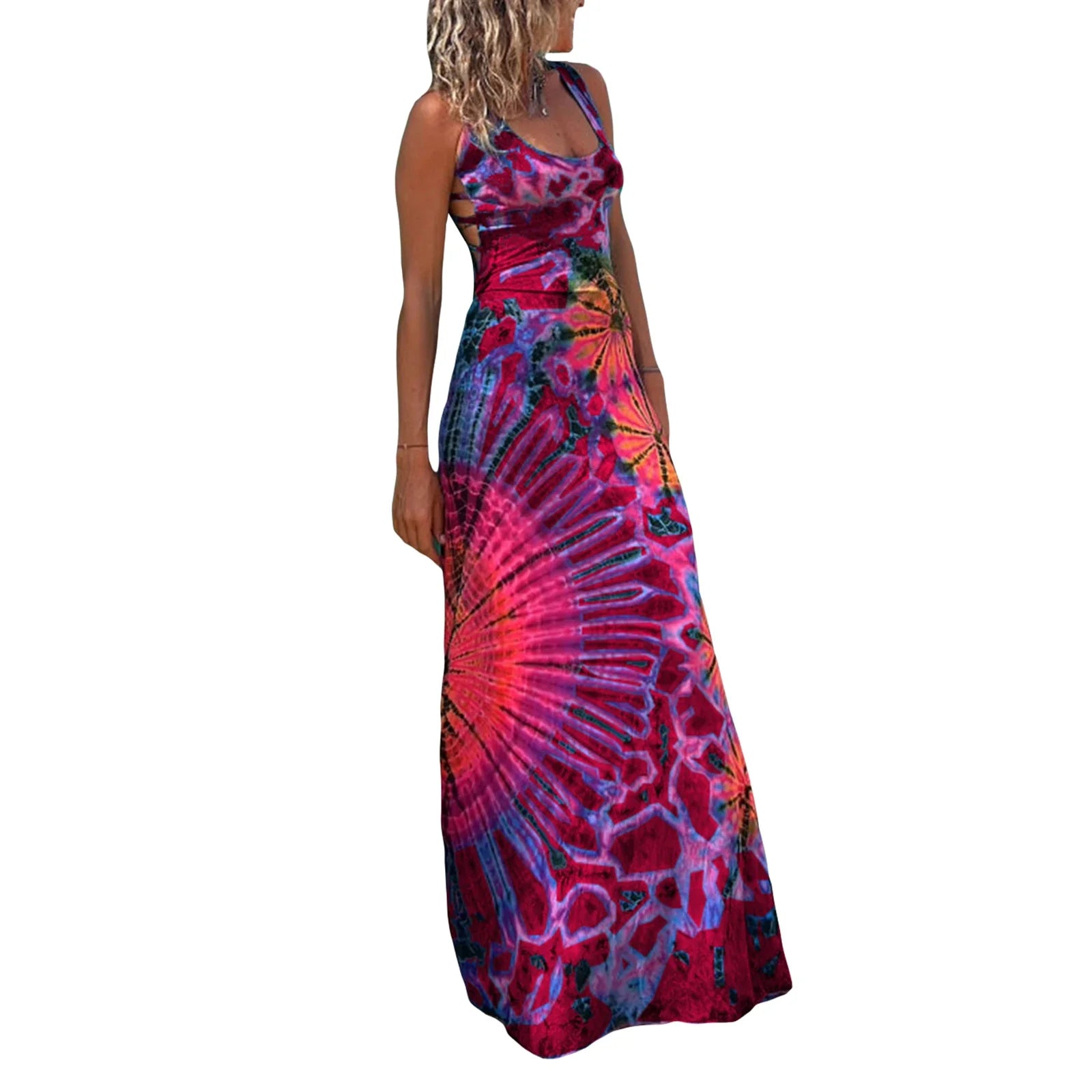 JazzHer Women Summer Y2k Tie Dye Long Dress Sexy Sleeveless Open Back Bandage Colorful Dress Floral Print Beach Party Vestido