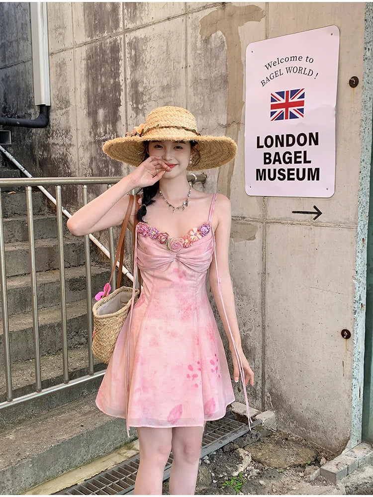 JazzHer French Retro Elegant Chiffon Midi Dress Women Casual Light Pink Printed Sleeveless Dress Beach Fashion Vintage Chic Summer 2024