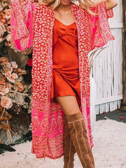 JazzHer Bohemian Tropical Printed Reddish Orange Ankle Length Beach Wear Kimono Dress Fashion Women Swimwear Chiffon Tunic Pareos Q590