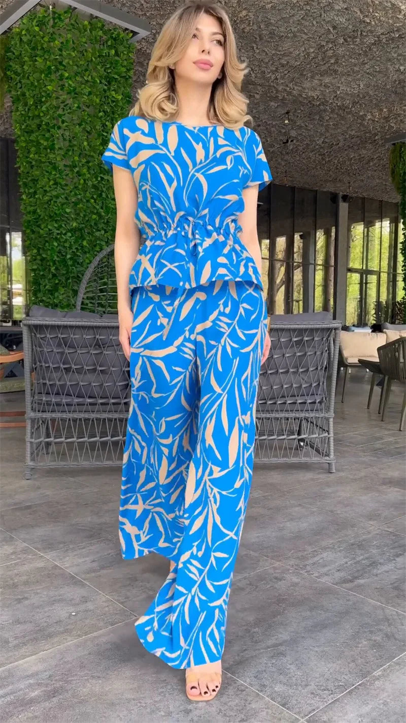 JazzHer O Neck Print Tops Women Two Pieces Pant Sets Wide Leg Pants Loose Fit Ankle Length Pockets Casual Printing 2024 Spliced