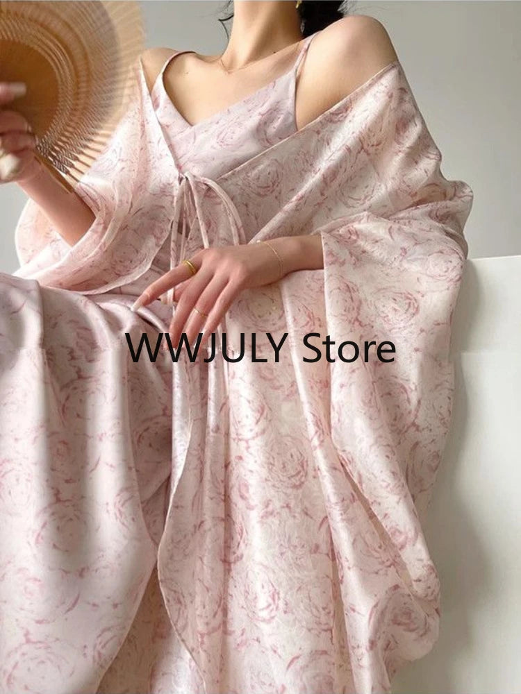 JazzHer 2024 Summer New Chiffon Elegant 2 Piece Dress Set Woman Party French Style Strap Midi Dress Beach Casual Retro Dress Female