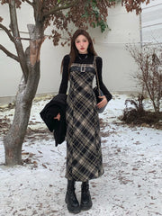 JazzHer 2024 Autumn Elegant Plaid  2 Piece Dress Set Women Outwear Casual Black Blouse + Vintage Slim Strap Dress Korean Fashion Suit