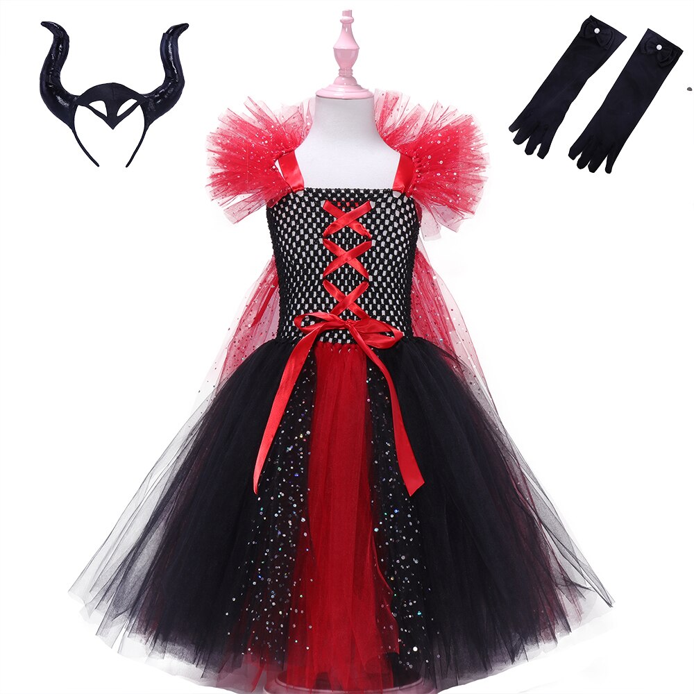 JazzHer Halloween Awakecrm Sparkly Maleficent Halloween Costume Tutu Dress Deluxe Girls Fancy Dress Gown Kids Evil Queen Cosplay Witch Clothes Long Dresses